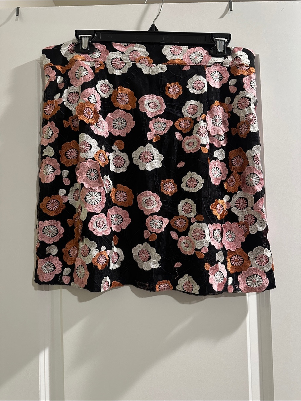 French Connection Black Pencil Skirt with Pink, Orange & Cream Floral Embroidery
